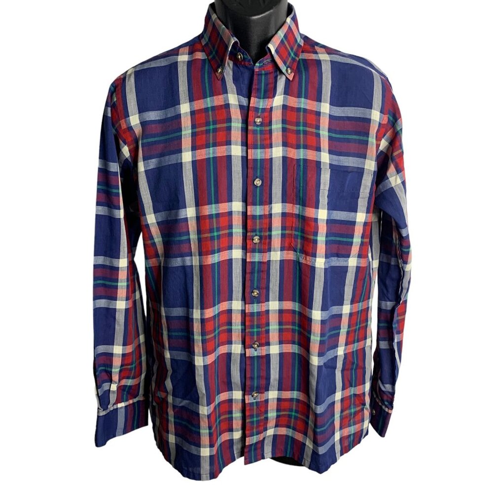 Vintage 80s Arrow Button Down Shirt M Blue Red Plaid Single Needle Long Sleeves